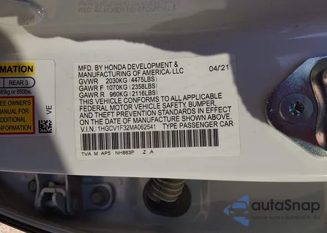 2021 Honda Accord Sport from USA, damaged, VIN 1HGCV1F32MA062541
